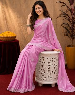 Baby pink soft shimmer chiffon embroidery work saree with unstitched blouse piece 1