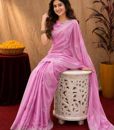 Baby pink soft shimmer chiffon embroidery work saree with unstitched blouse piece