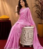 Baby pink soft shimmer chiffon embroidery work saree with unstitched blouse piece