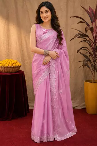 Baby pink soft shimmer chiffon embroidery work saree with unstitched blouse piece