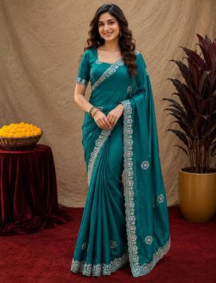 Teal green soft shimmer chiffon embroidery work saree with unstitched blouse piece 1