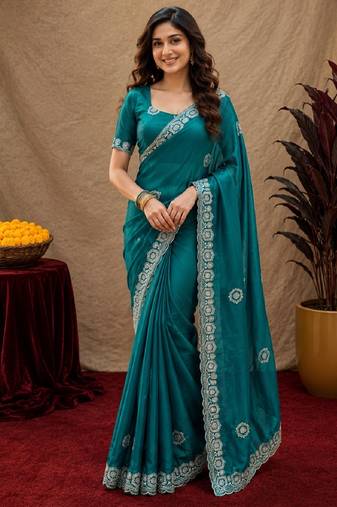 Teal green soft shimmer chiffon embroidery work saree with unstitched blouse piece