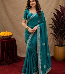 Teal green soft shimmer chiffon embroidery work saree with unstitched blouse piece