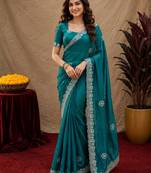 Teal green soft shimmer chiffon embroidery work saree with unstitched blouse piece