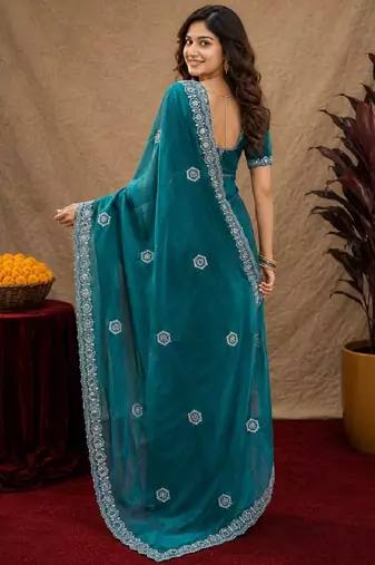 Teal green soft shimmer chiffon embroidery work saree with unstitched blouse piece
