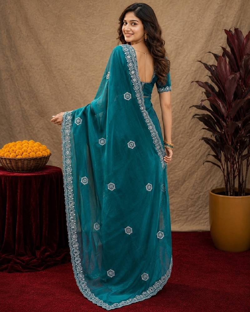 Teal green soft shimmer chiffon embroidery work saree with unstitched blouse piece