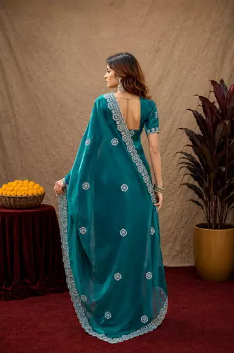Teal green soft shimmer chiffon embroidery work saree with unstitched blouse piece