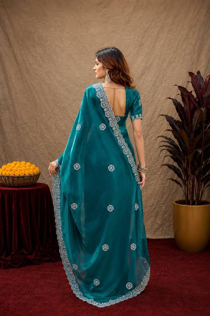 Teal green soft shimmer chiffon embroidery work saree with unstitched blouse piece