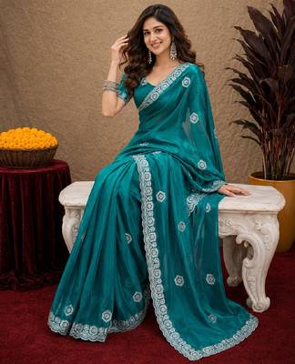 Teal green soft shimmer chiffon embroidery work saree with unstitched blouse piece 4