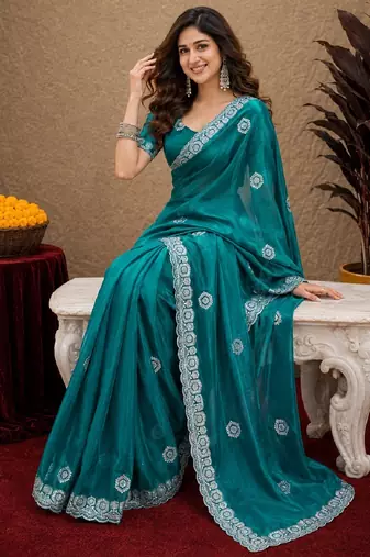 Teal green soft shimmer chiffon embroidery work saree with unstitched blouse piece