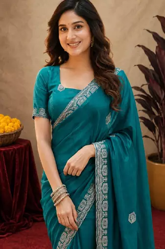 Teal green soft shimmer chiffon embroidery work saree with unstitched blouse piece