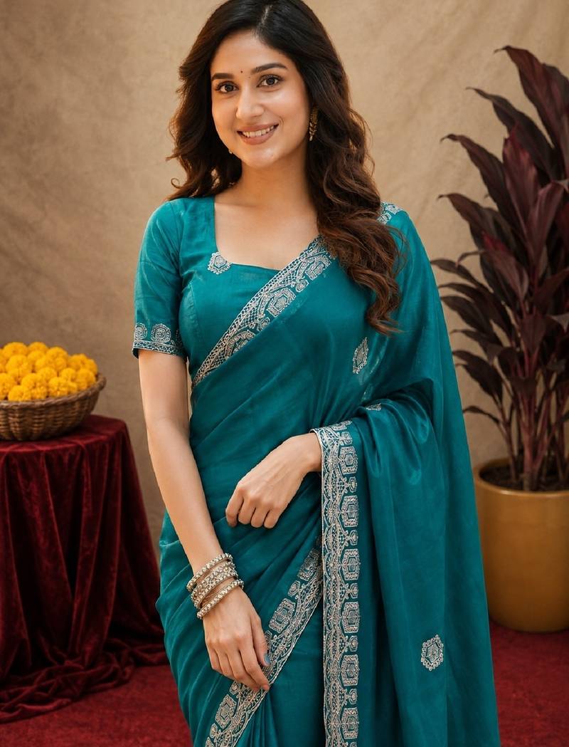 Teal green soft shimmer chiffon embroidery work saree with unstitched blouse piece