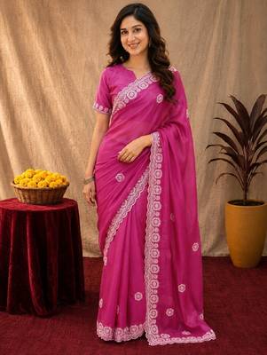 Rani pink soft shimmer chiffon embroidery work saree with unstitched blouse piece 1