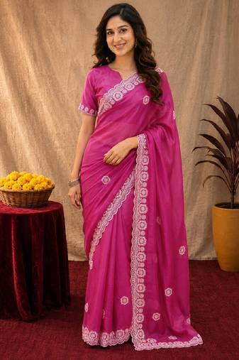 Rani pink soft shimmer chiffon embroidery work saree with unstitched blouse piece