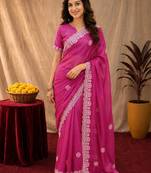 Rani pink soft shimmer chiffon embroidery work saree with unstitched blouse piece