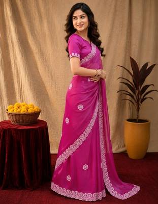 Rani pink soft shimmer chiffon embroidery work saree with unstitched blouse piece 2