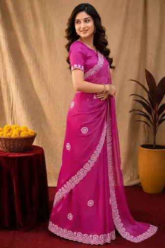 Rani pink soft shimmer chiffon embroidery work saree with unstitched blouse piece