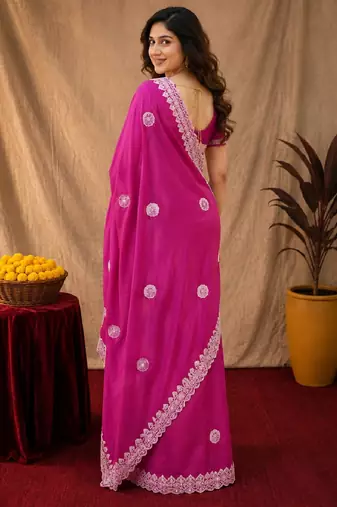 Rani pink soft shimmer chiffon embroidery work saree with unstitched blouse piece