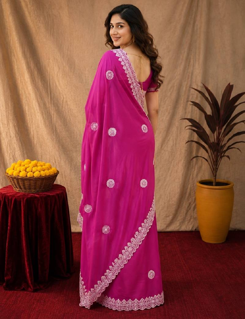 Rani pink soft shimmer chiffon embroidery work saree with unstitched blouse piece
