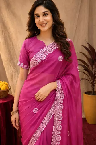 Rani pink soft shimmer chiffon embroidery work saree with unstitched blouse piece