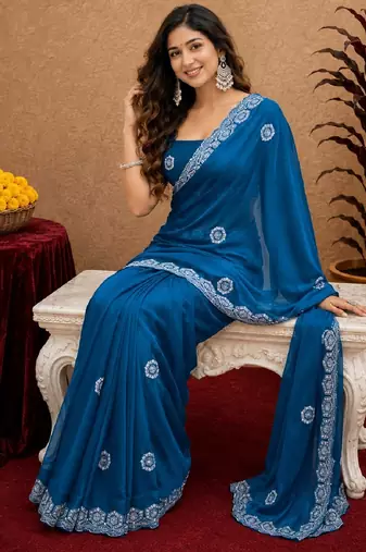 Turquoise soft shimmer chiffon embroidery work saree with unstitched blouse piece