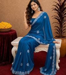 Turquoise soft shimmer chiffon embroidery work saree with unstitched blouse piece