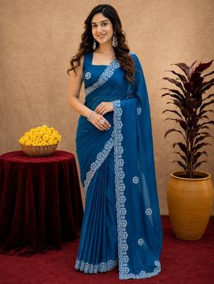 Turquoise soft shimmer chiffon embroidery work saree with unstitched blouse piece 2