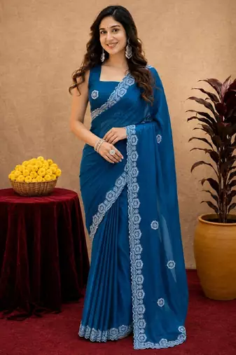 Turquoise soft shimmer chiffon embroidery work saree with unstitched blouse piece