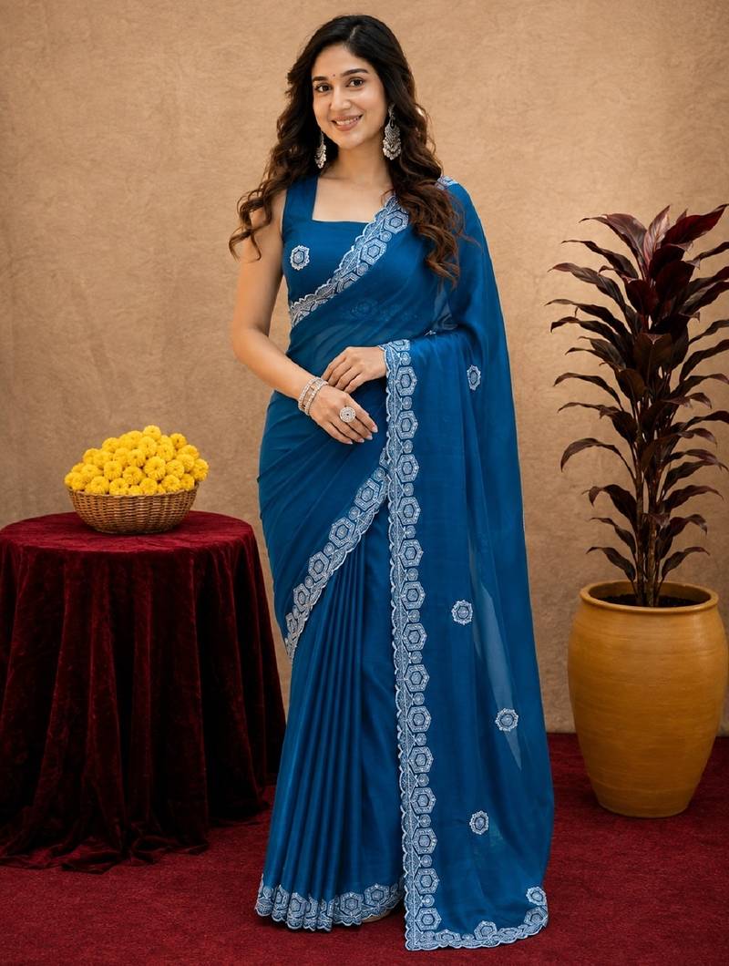 Turquoise soft shimmer chiffon embroidery work saree with unstitched blouse piece