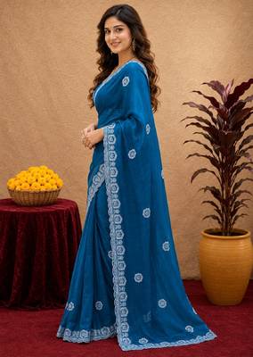 Turquoise soft shimmer chiffon embroidery work saree with unstitched blouse piece 3
