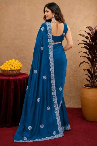 Turquoise soft shimmer chiffon embroidery work saree with unstitched blouse piece