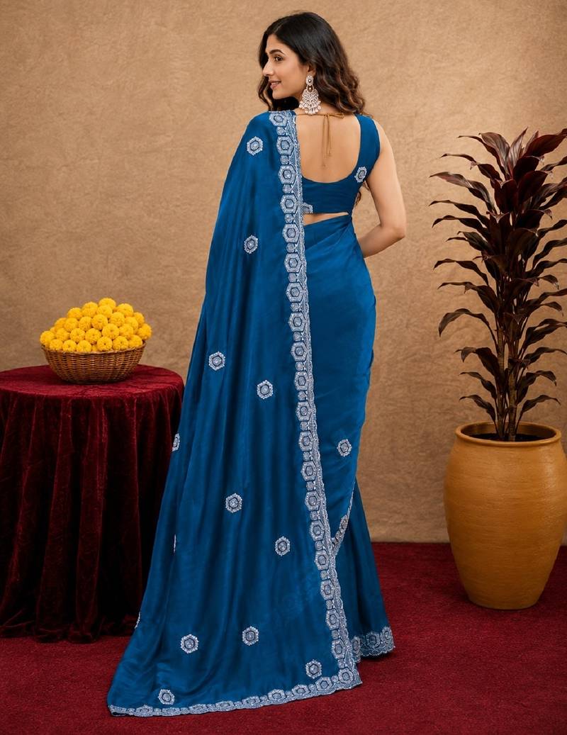 Turquoise soft shimmer chiffon embroidery work saree with unstitched blouse piece
