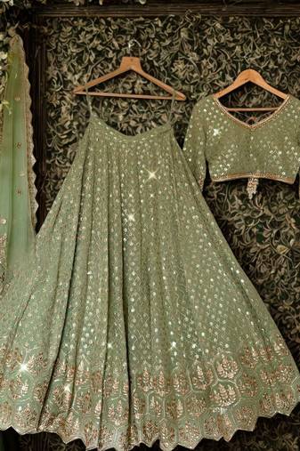 green georgette embroidered navratri lehenga choli