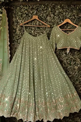 green georgette embroidered navratri lehenga choli