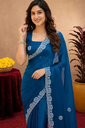Turquoise soft shimmer chiffon embroidery work saree with unstitched blouse piece