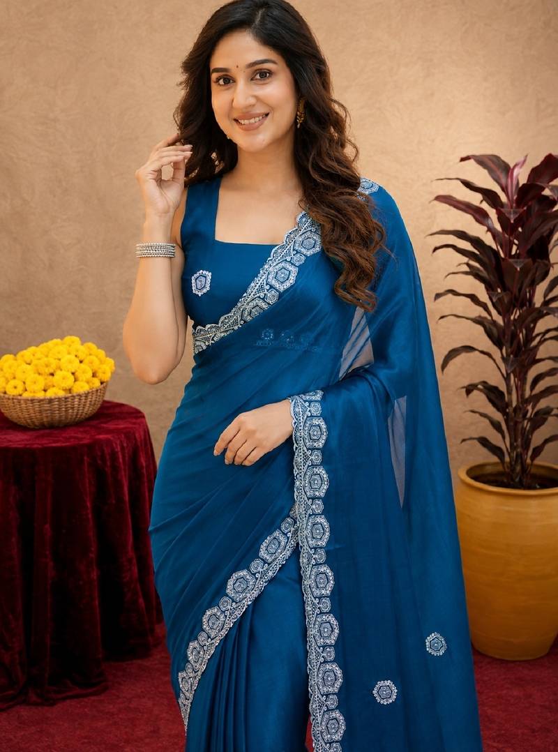 Turquoise soft shimmer chiffon embroidery work saree with unstitched blouse piece
