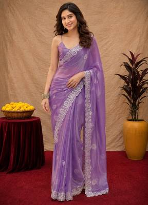 Lavender soft shimmer chiffon embroidery work saree with unstitched blouse piece 1