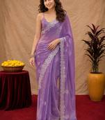 Lavender soft shimmer chiffon embroidery work saree with unstitched blouse piece