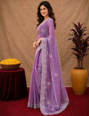 Lavender soft shimmer chiffon embroidery work saree with unstitched blouse piece 2