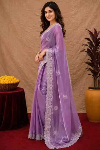 Lavender soft shimmer chiffon embroidery work saree with unstitched blouse piece