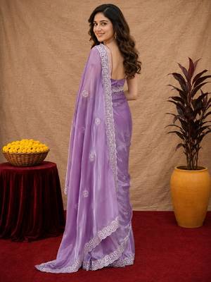 Lavender soft shimmer chiffon embroidery work saree with unstitched blouse piece 3