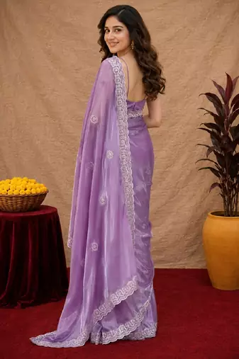 Lavender soft shimmer chiffon embroidery work saree with unstitched blouse piece