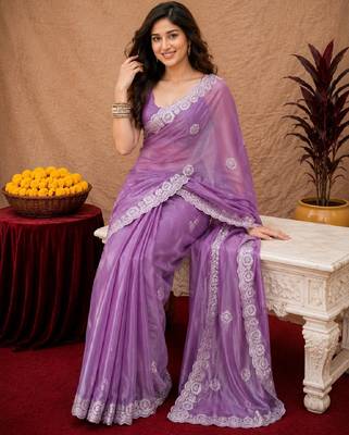 Lavender soft shimmer chiffon embroidery work saree with unstitched blouse piece 4