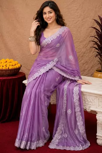 Lavender soft shimmer chiffon embroidery work saree with unstitched blouse piece