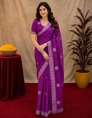 Purple soft shimmer chiffon embroidery work saree with unstitched blouse piece 1