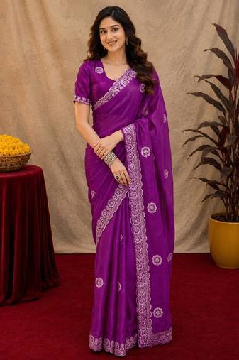 Purple soft shimmer chiffon embroidery work saree with unstitched blouse piece