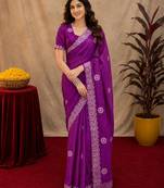 Purple soft shimmer chiffon embroidery work saree with unstitched blouse piece