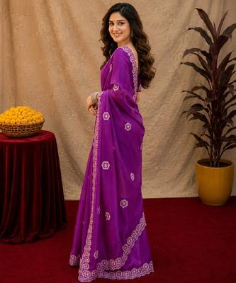 Purple soft shimmer chiffon embroidery work saree with unstitched blouse piece 2
