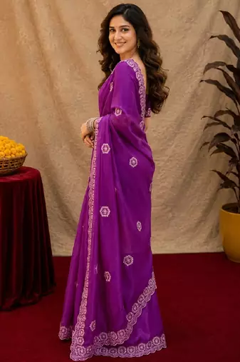 Purple soft shimmer chiffon embroidery work saree with unstitched blouse piece