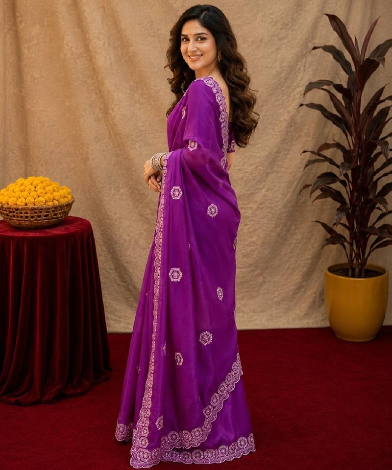 Purple soft shimmer chiffon embroidery work saree with unstitched blouse piece